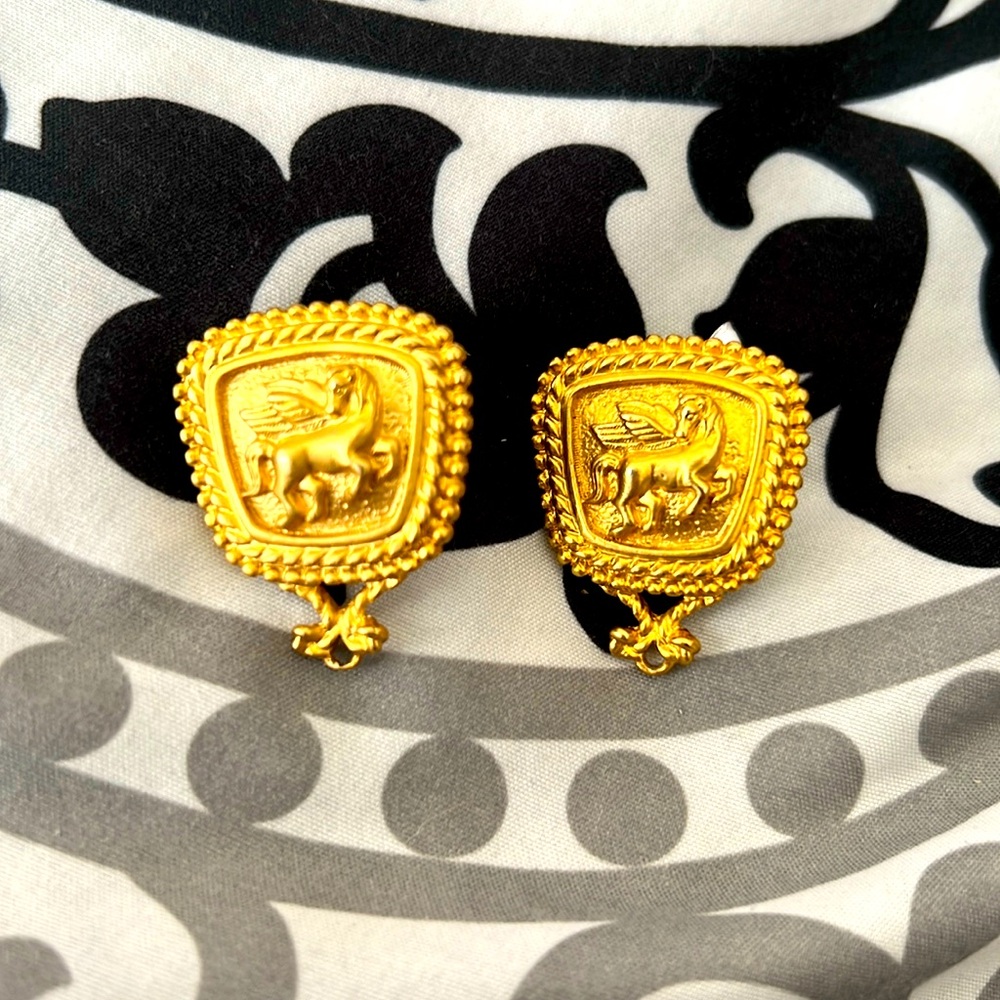 Avon signed Etruscan styled Pegasus earrings gold toned